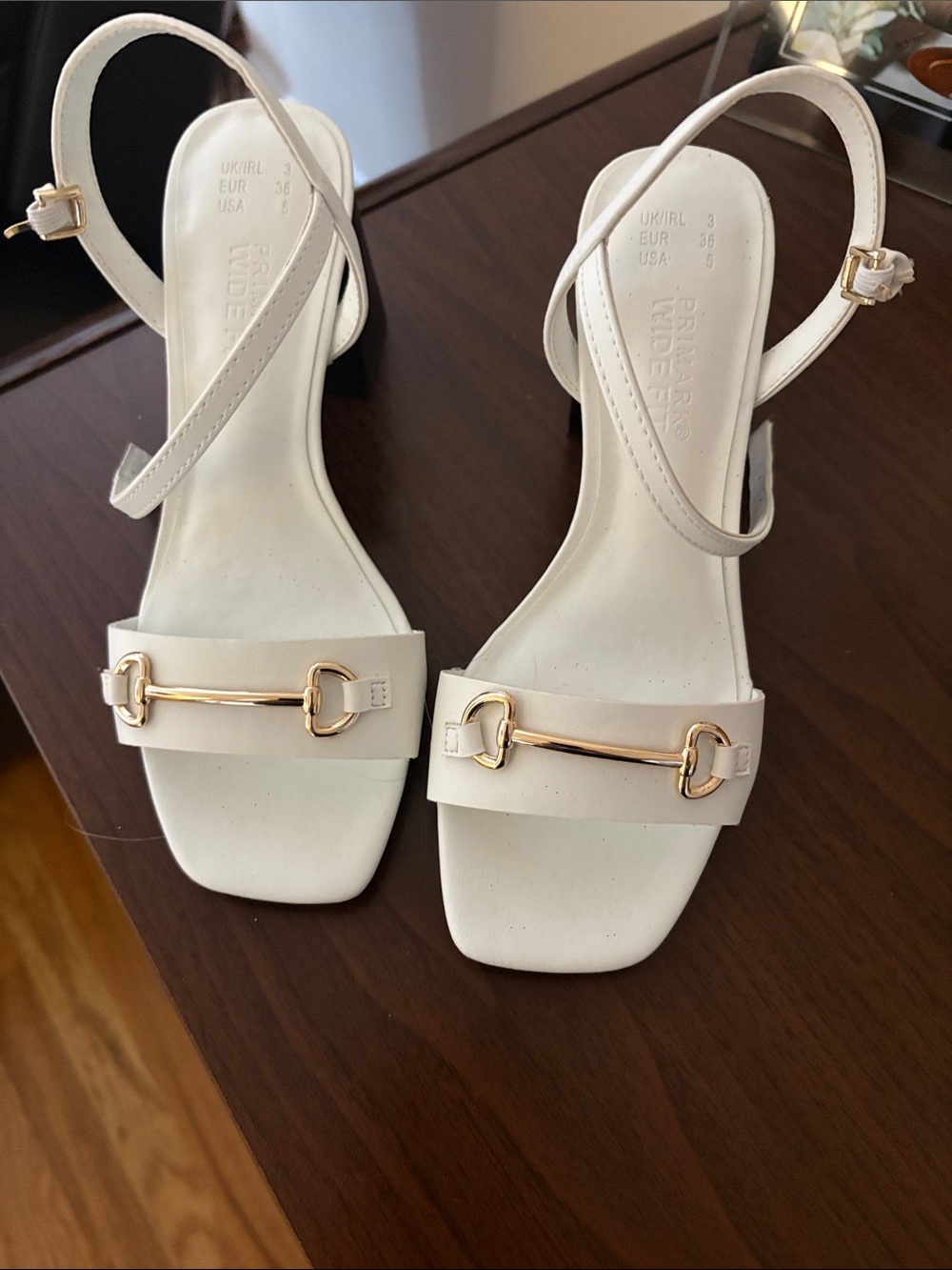 Primark Cream Square-Toe Slingback Heels with Gold Buckle